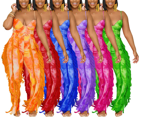 Multiple women in colorful fringe jumpsuits, trendy FashionRay bold styles on white background