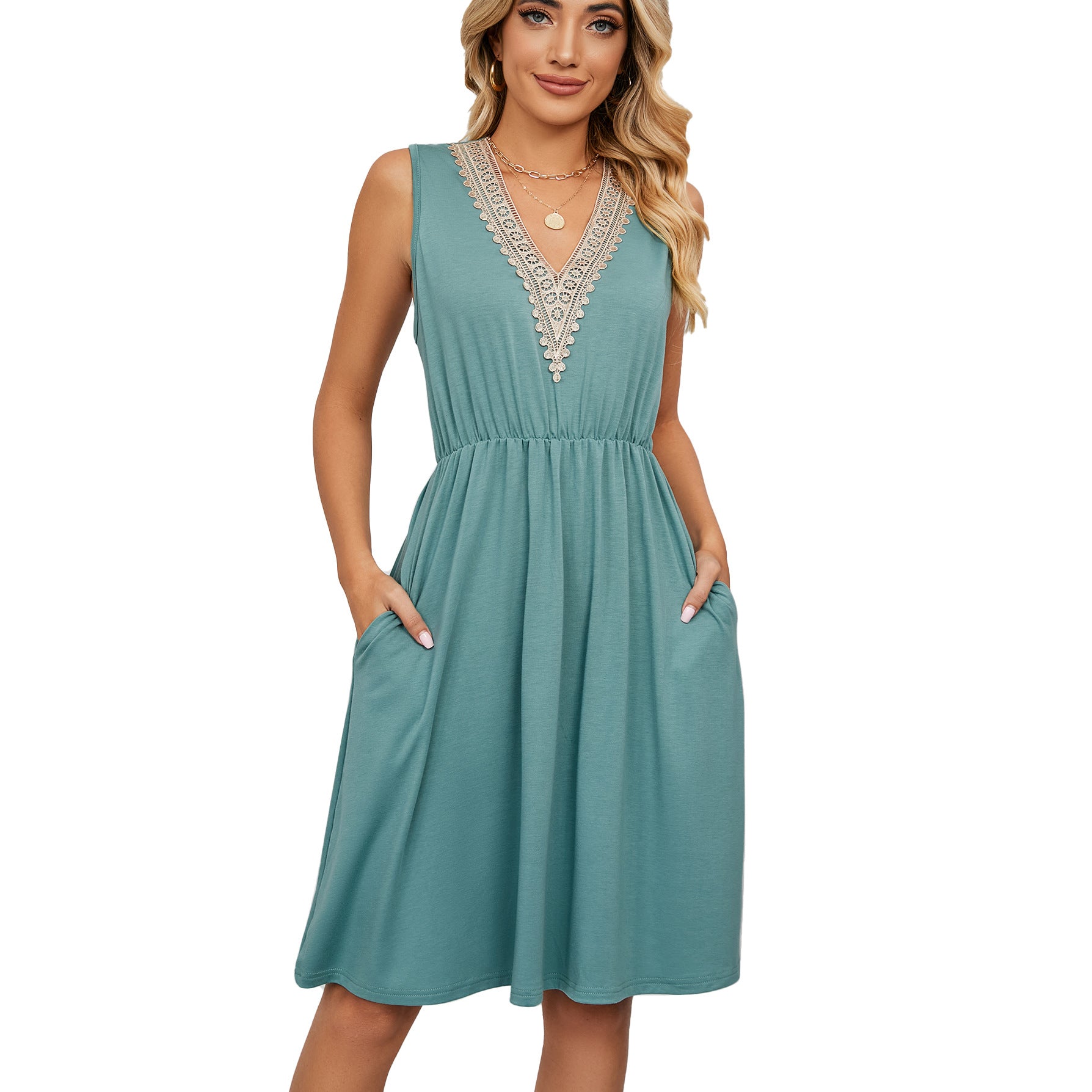 Woman wearing teal sleeveless dress with lace V-neck, FashionRay trendy affordable style