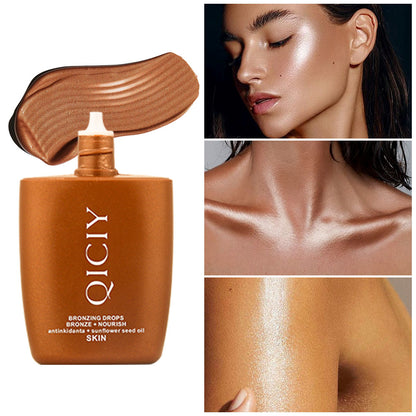 QICICY bronzing drops bottle with swatch, glowing skin on face, collarbone, and arm, FashionRay beauty product