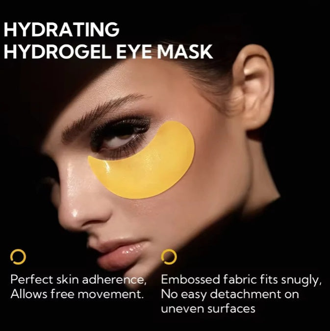 Woman wearing hydrating hydrogel eye mask, beauty skincare product at FashionRay.
