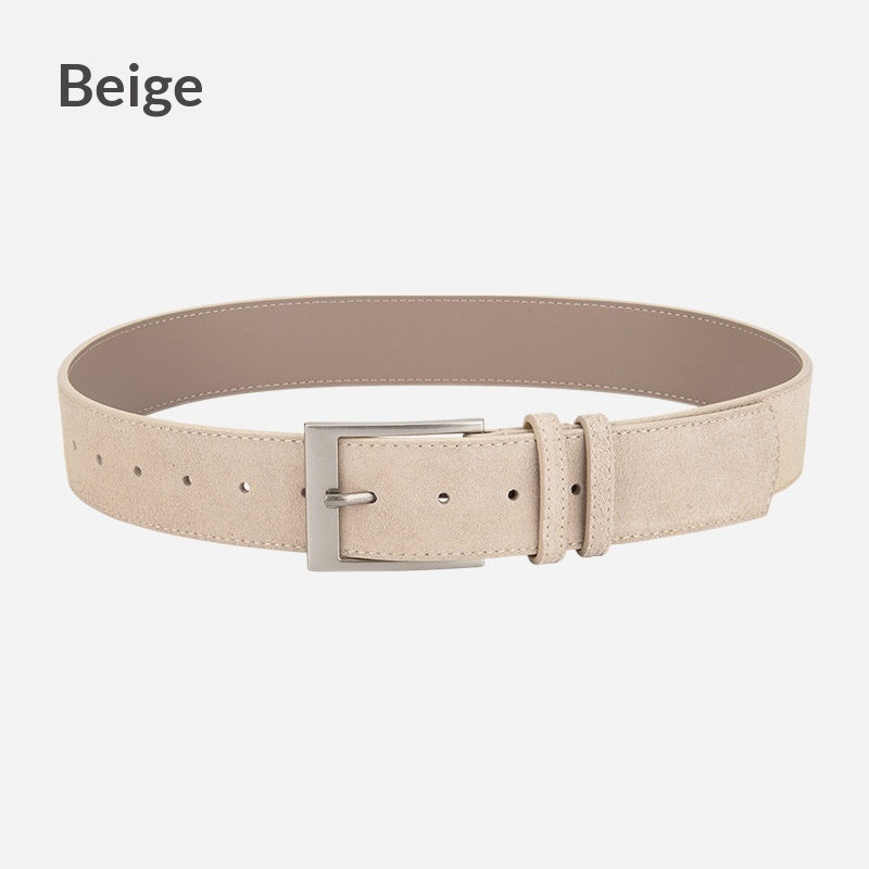 Beige suede fashion belt with silver buckle on white background, FashionRay accessory