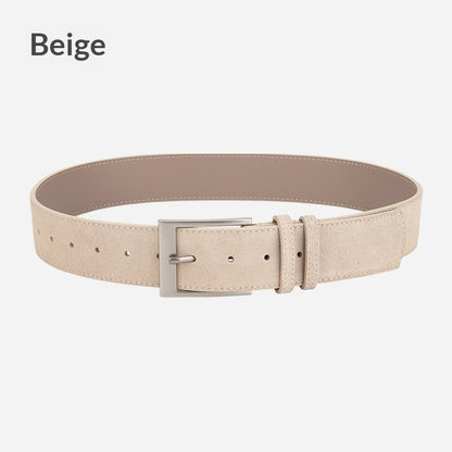 Beige suede fashion belt with silver buckle on white background, FashionRay accessory