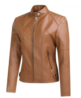 Women's tan faux leather jacket with front zipper, modern style at FashionRay