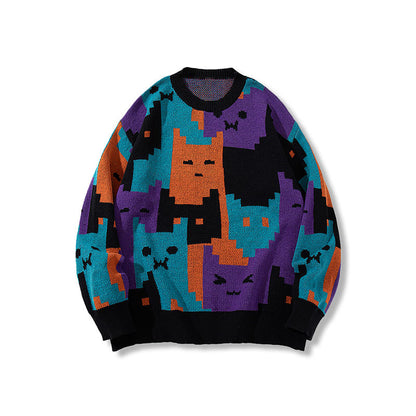 Colorful oversized sweater with pixel cat pattern in purple, teal, orange and black, FashionRay