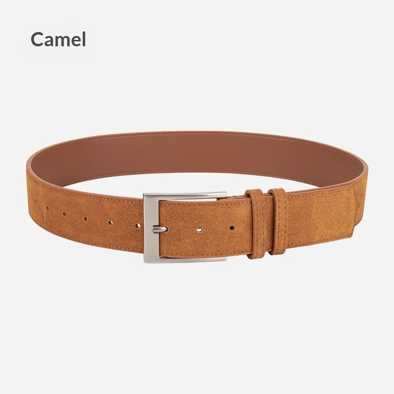 FashionRay camel suede belt with silver buckle, stylish accessory on white background