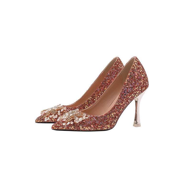 Sequin embellished high heel pumps with floral pearl details, FashionRay trendy women's shoes