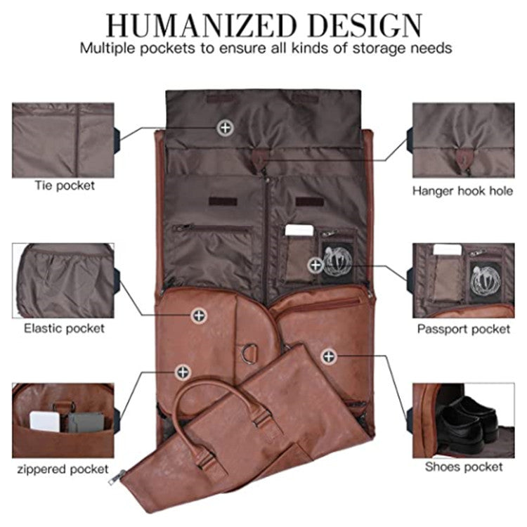 FashionRay brown travel garment bag with multiple labeled storage pockets for ties, shoes, and passport.