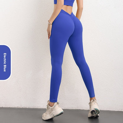 FashionRay electric blue high-waist leggings with scrunch detail, athletic and trendy style