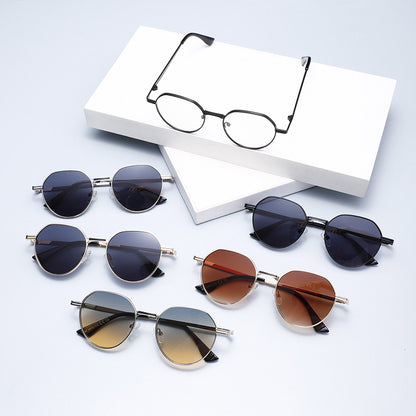 FashionRay stylish round sunglasses and eyeglasses in assorted colors on white display blocks