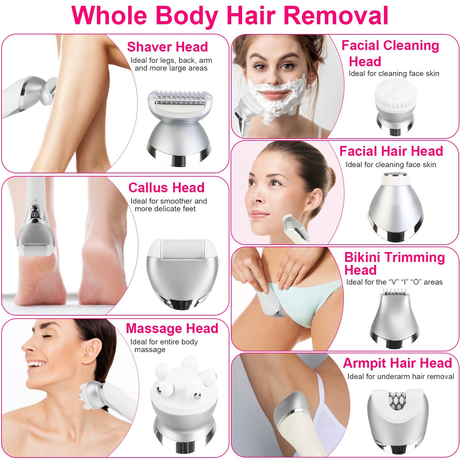 FashionRay whole body hair removal device with six attachment heads for face, legs, and body care