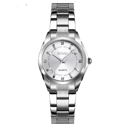 SKMEI silver stainless steel quartz wristwatch with minimalist dial and crystal markers