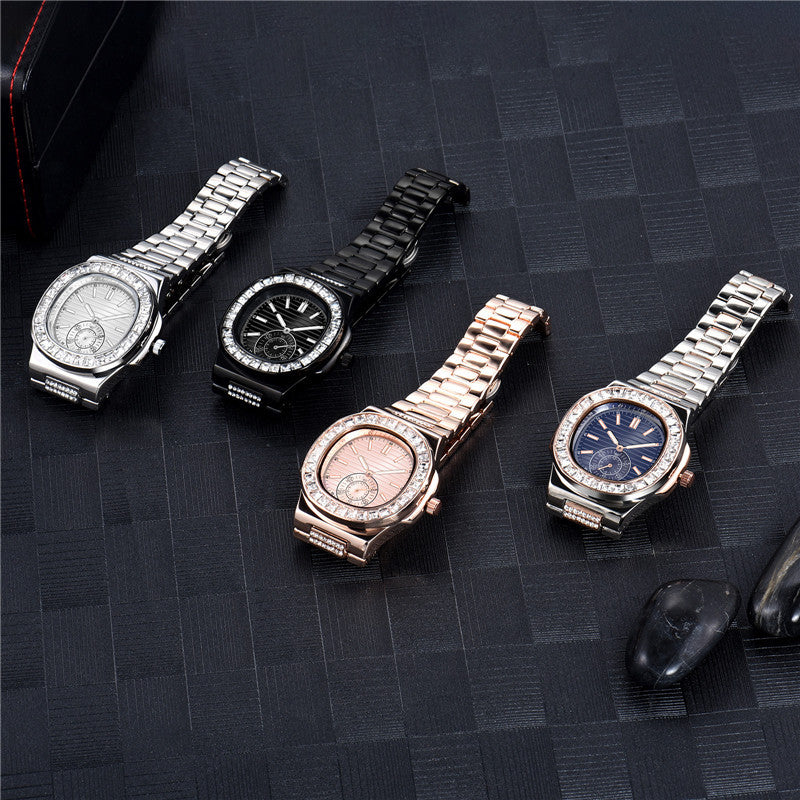 FashionRay luxury men’s wristwatches in silver, black, rose gold, and blue on dark surface