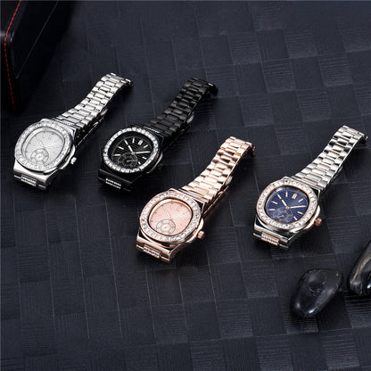 FashionRay luxury men’s wristwatches in silver, black, rose gold, and blue on dark surface