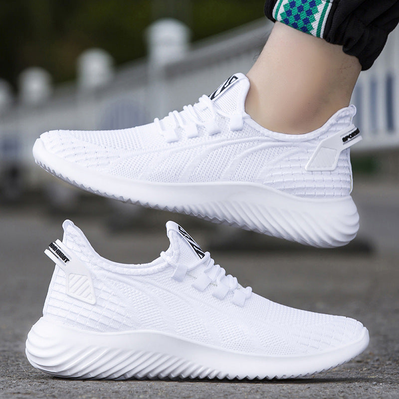 FashionRay all-white knit sneakers with textured sole, casual streetwear footwear