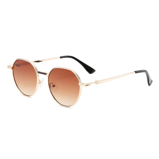 Trendy gold frame sunglasses with round brown gradient lenses on white background, FashionRay