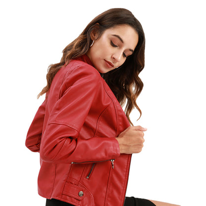 Woman modeling a bold red faux leather jacket from FashionRay against white background
