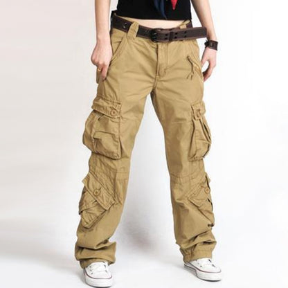 Trendy khaki cargo pants with side pockets, styled with belt, showcased by FashionRay