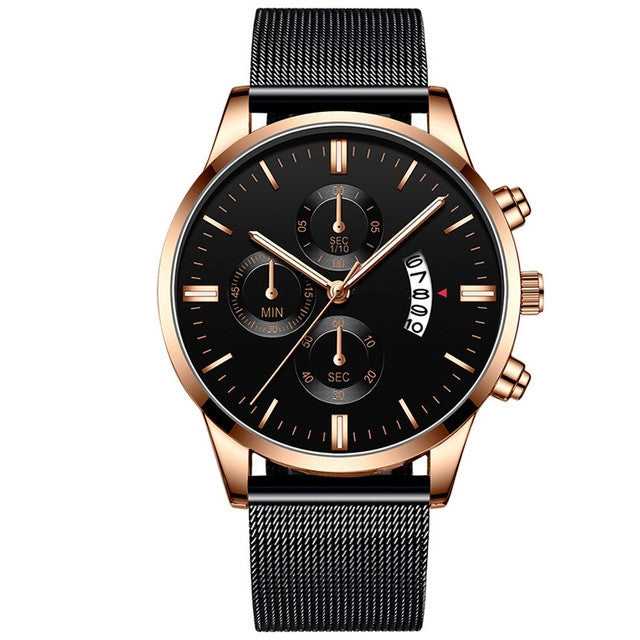 Luxury black and gold wristwatch with mesh strap, chronograph dials, FashionRay style