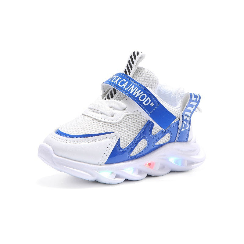 Kids' white and blue LED light-up sneaker with mesh panels, sporty design from FashionRay