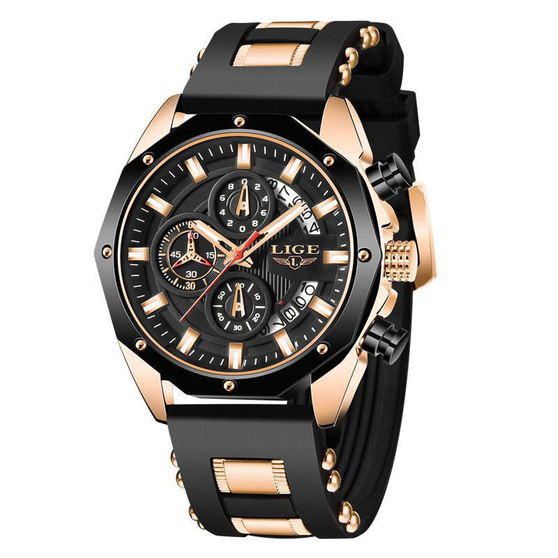 Men’s black and gold chronograph wristwatch with silicone strap, FashionRay accessory.