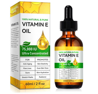 Vitamin E oil 75,000 IU ultra concentrated, 60ml bottle and box, natural skincare product