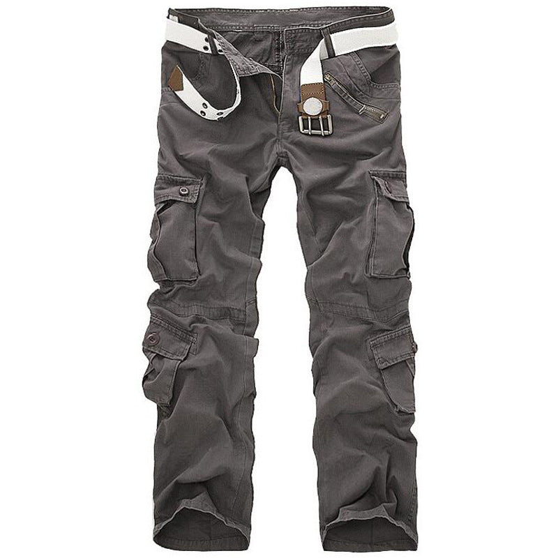 Men's gray cargo pants with multiple pockets and white belt, trendy FashionRay style.