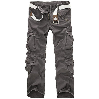 Men's gray cargo pants with multiple pockets and white belt, trendy FashionRay style.
