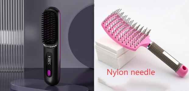Electric hair straightening brush and pink nylon needle comb on modern backgrounds, FashionRay