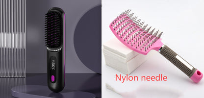 Electric hair straightening brush and pink nylon needle comb on modern backgrounds, FashionRay
