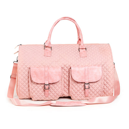 FashionRay quilted pink duffel bag with double front pockets and shoulder strap on white background