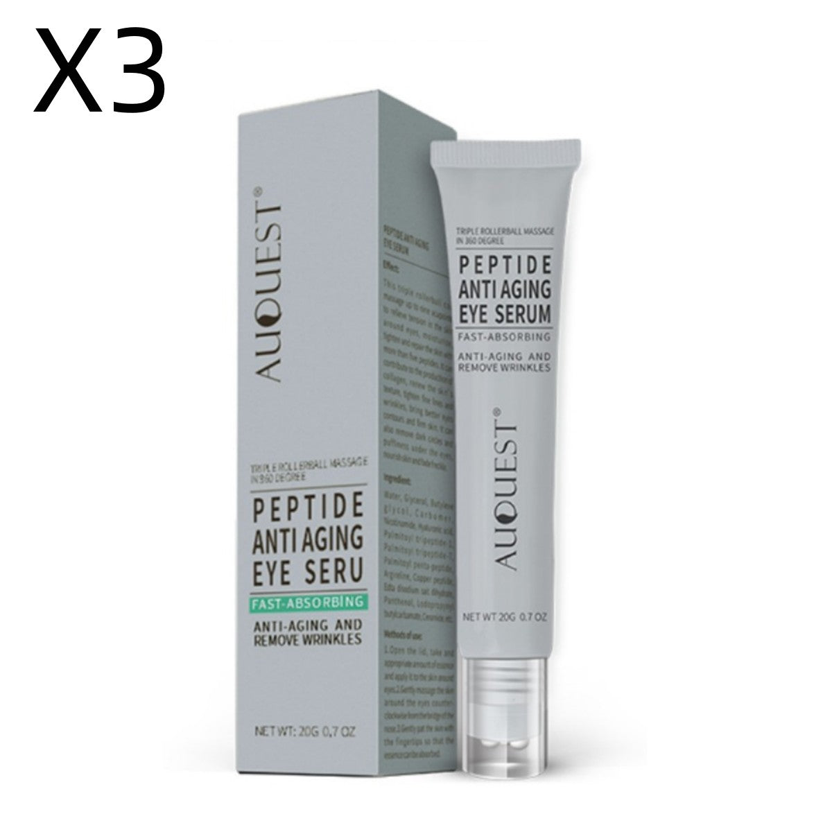 AUQUEST peptide anti-aging eye serum box and tube, skincare product for reducing wrinkles, set of 3