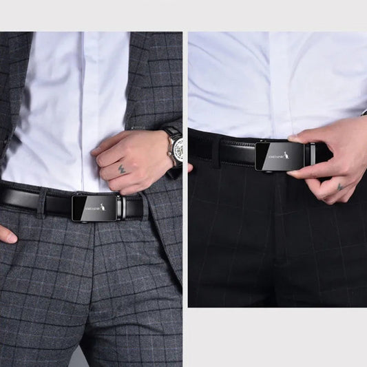 Close-up of men’s fashion belts with black buckle, worn with plaid and solid dress trousers, FashionRay