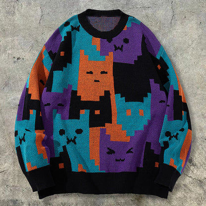 Colorful oversized sweater with pixelated cat graphics in orange, teal, purple, and black, FashionRay style