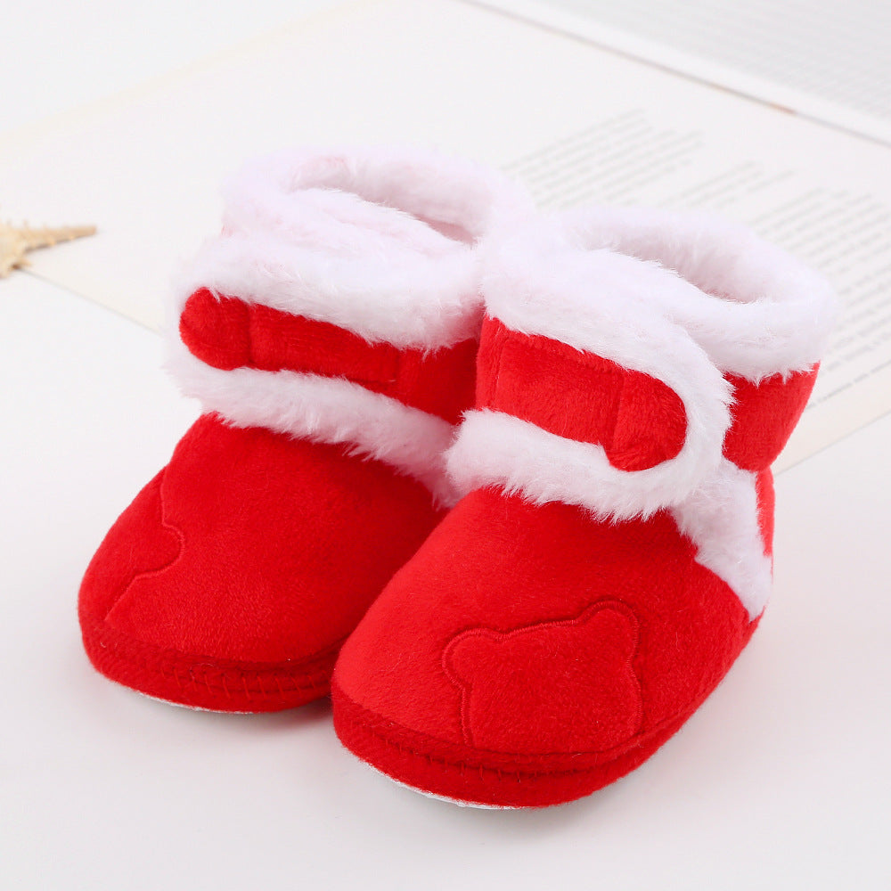 Red fuzzy baby booties with white fur trim, bear design, FashionRay trendy kids footwear