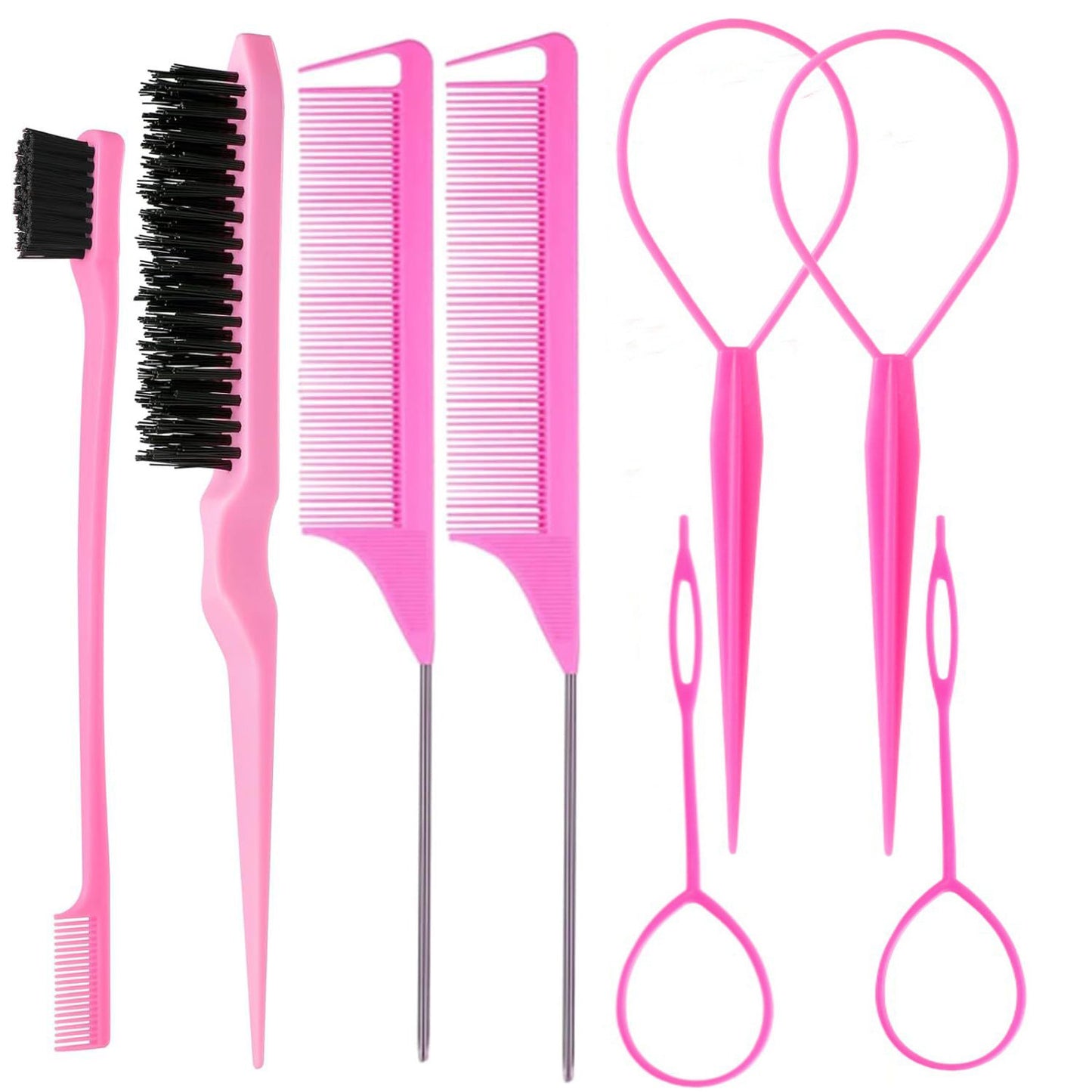 Pink hair styling comb set with brushes and loop tools on white background, FashionRay accessories.