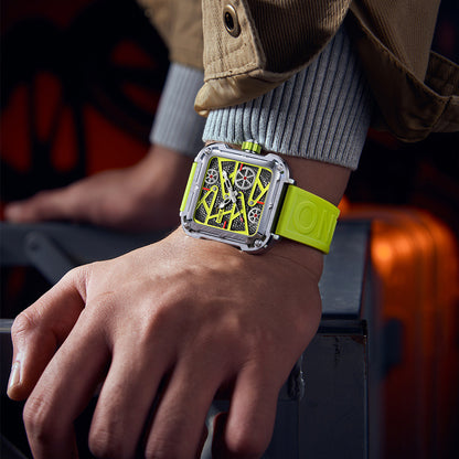Man wearing bold square yellow watch with geometric dial, trendy fashion accessory from FashionRay