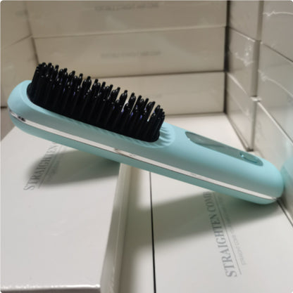 Light blue electric hair straightening brush on white boxes, FashionRay accessories