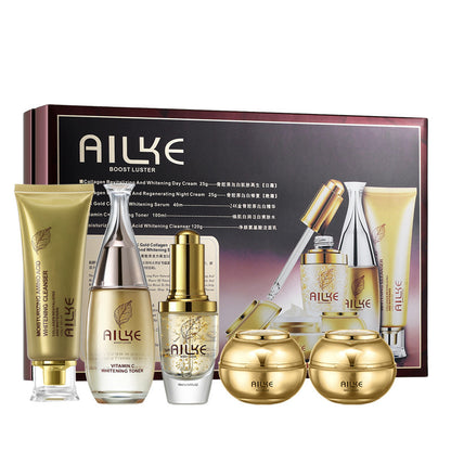 AILKE skincare set with gold packaging, cleanser, toner, serum, and creams, FashionRay beauty