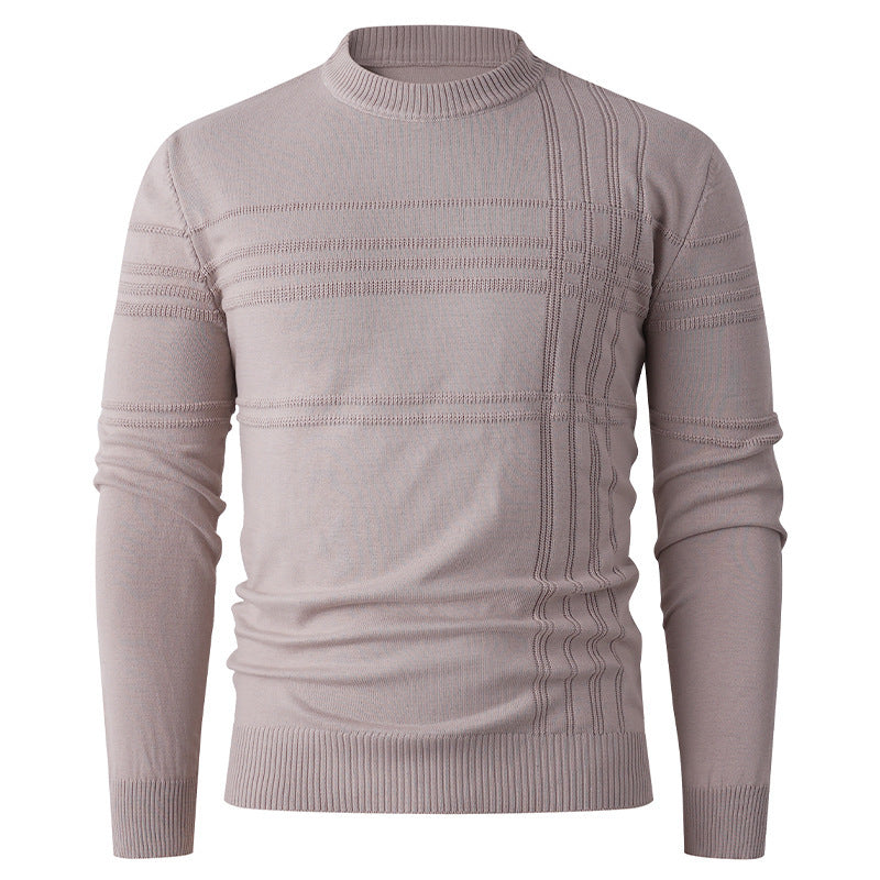 Men’s light mauve knit sweater with textured horizontal and vertical stripe detail, FashionRay style