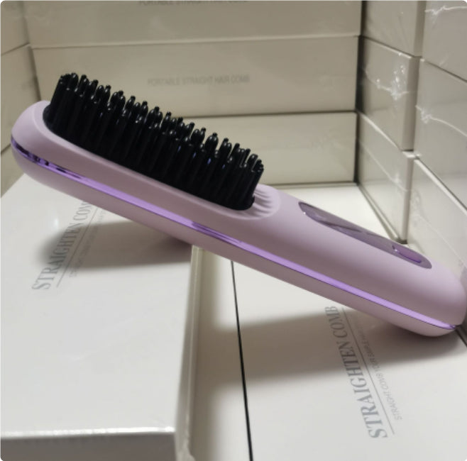Purple portable hair straightening brush on boxed packaging, FashionRay beauty accessory
