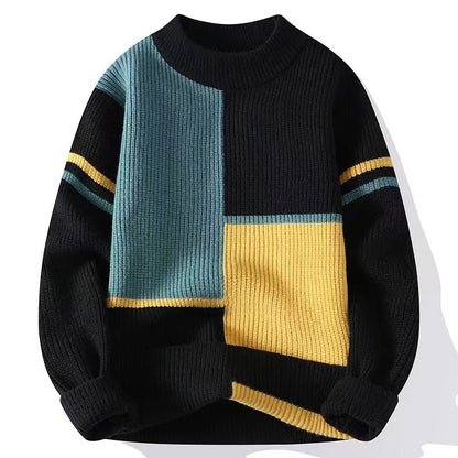 Color block knit sweater with yellow, teal, and black geometric design from FashionRay