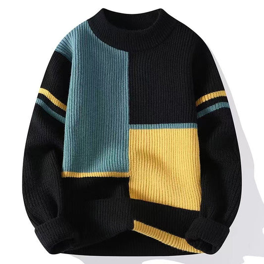 Color block knit sweater with yellow, teal, and black geometric design from FashionRay