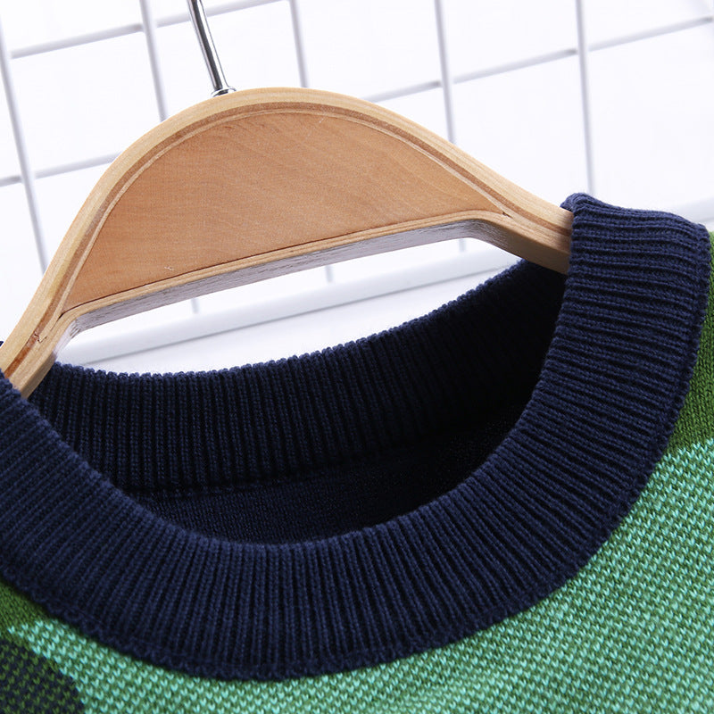 Green knit sweater with navy ribbed crewneck on wooden hanger, FashionRay trendy comfort