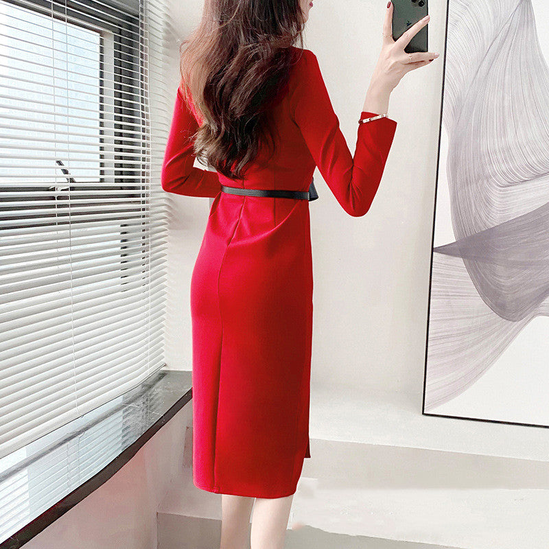Woman in stylish red long-sleeve dress near window, FashionRay modern affordable fashion