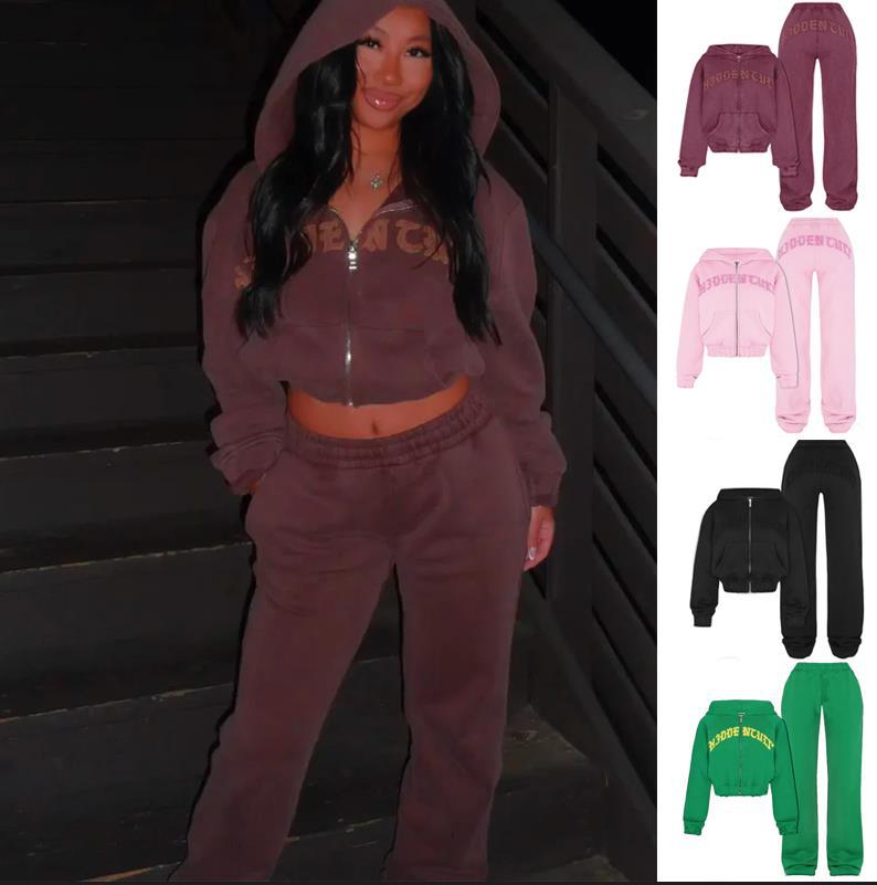 Woman wearing brown hooded tracksuit; matching set displayed in pink, black, green on right