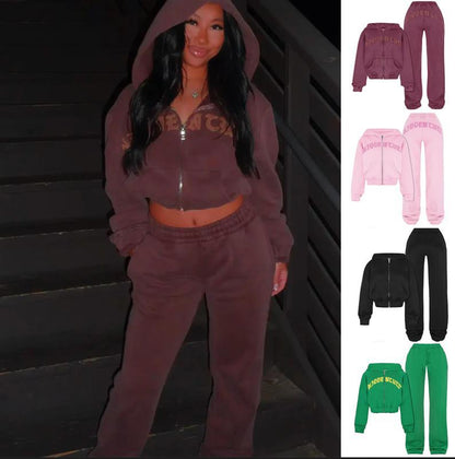 Woman wearing brown hooded tracksuit; matching set displayed in pink, black, green on right