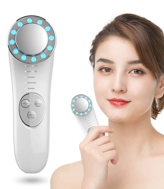 Woman using a white LED facial device for skincare, beauty and wellness, FashionRay style