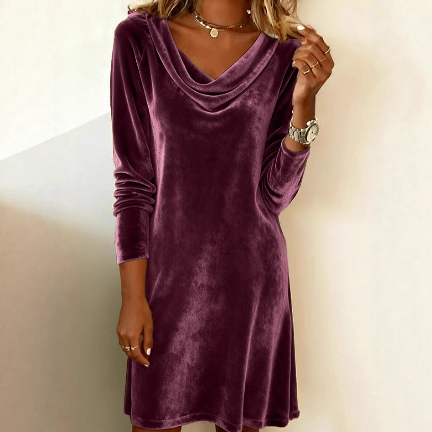 Woman wearing long sleeve purple velvet dress, FashionRay modern trendy style