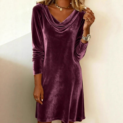 Woman wearing long sleeve purple velvet dress, FashionRay modern trendy style