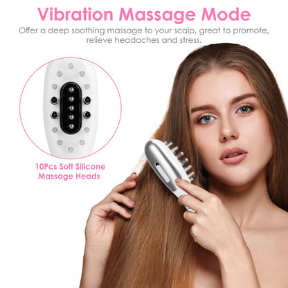 Woman using a silicone scalp massage brush on long hair, promoting vibration massage mode by FashionRay.